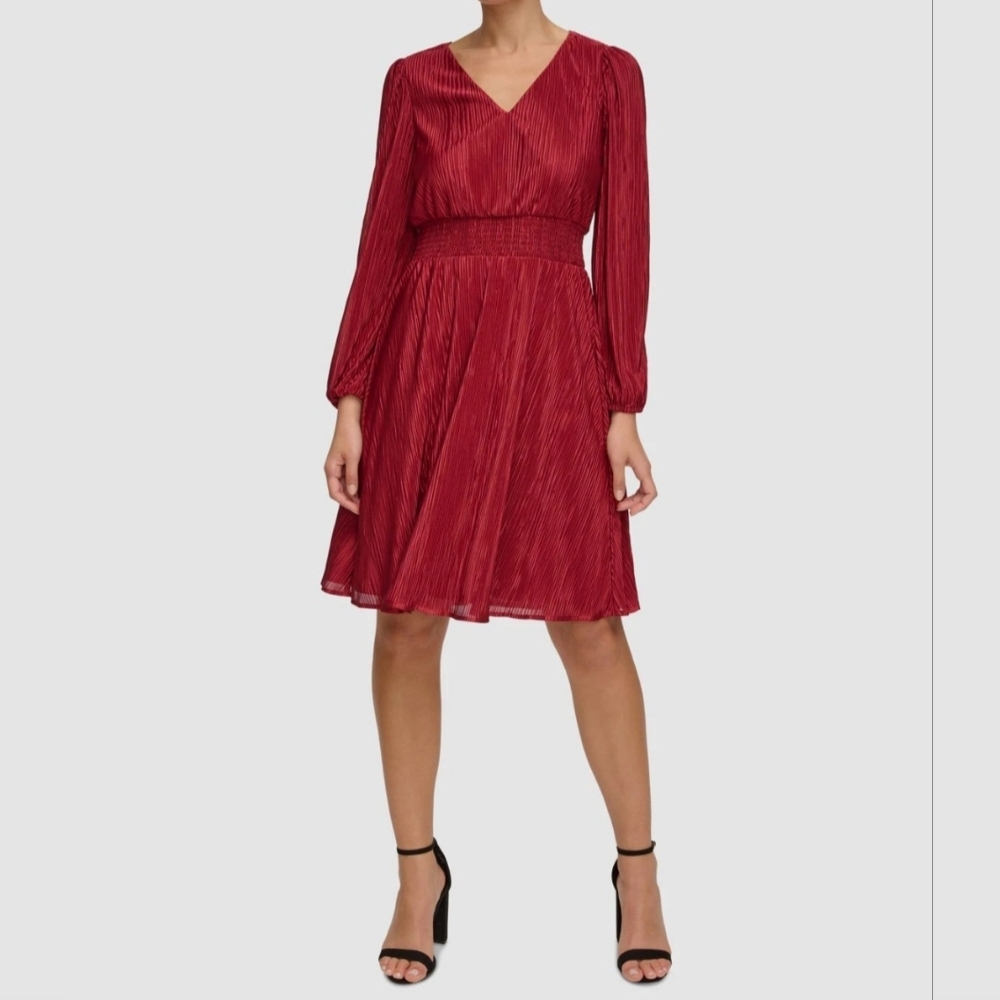 Kensie Burgundy Pleated Long Sleeve Dress